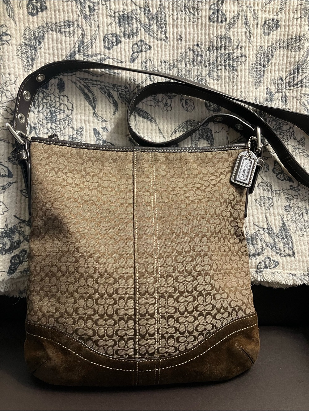 Authentic COACH F10944 Mini Signature Shoulder Bag Beige Brown Canvas Leather